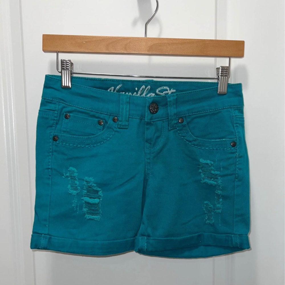 Vanilla Star Y2K Teal Distressed Denim Shorts Juniors Cuffed Jean Style Size 1
